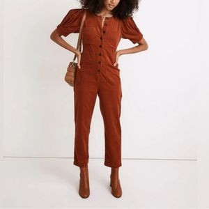 New Madewell Corduroy Puff-SleeveButton-Front Jumpsuit 2 Petite